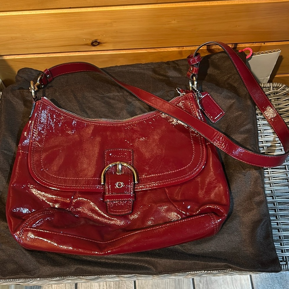 Coach Glossy Red Patent Shoulder Bag with Silver Buckle